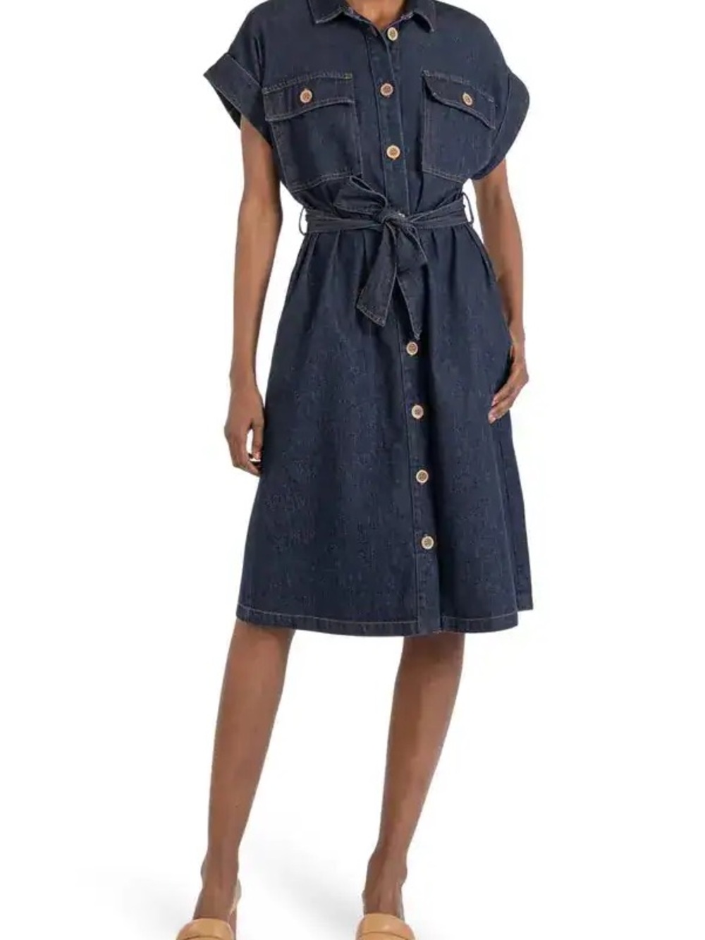 Kut from the Kloth Dark Blue Denim Midi Shirt Dress with Tie Waist